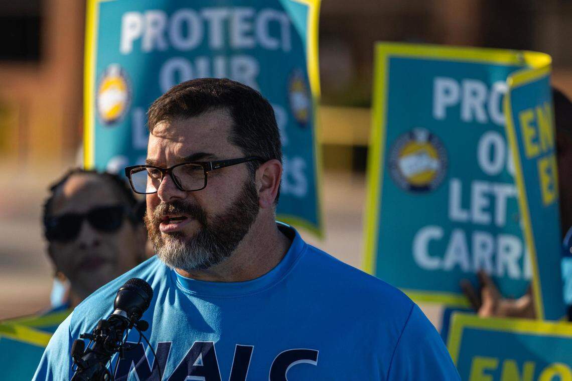 Shawn Boyd with the National Association of Letter Carriers expresses his frustrations due to a rise in assaults and robberies against mail carriers in Dallas and Fort Worth during a union rally at the United States Postal Service office in Dallas on Thursday, Feb. 22, 2024.
