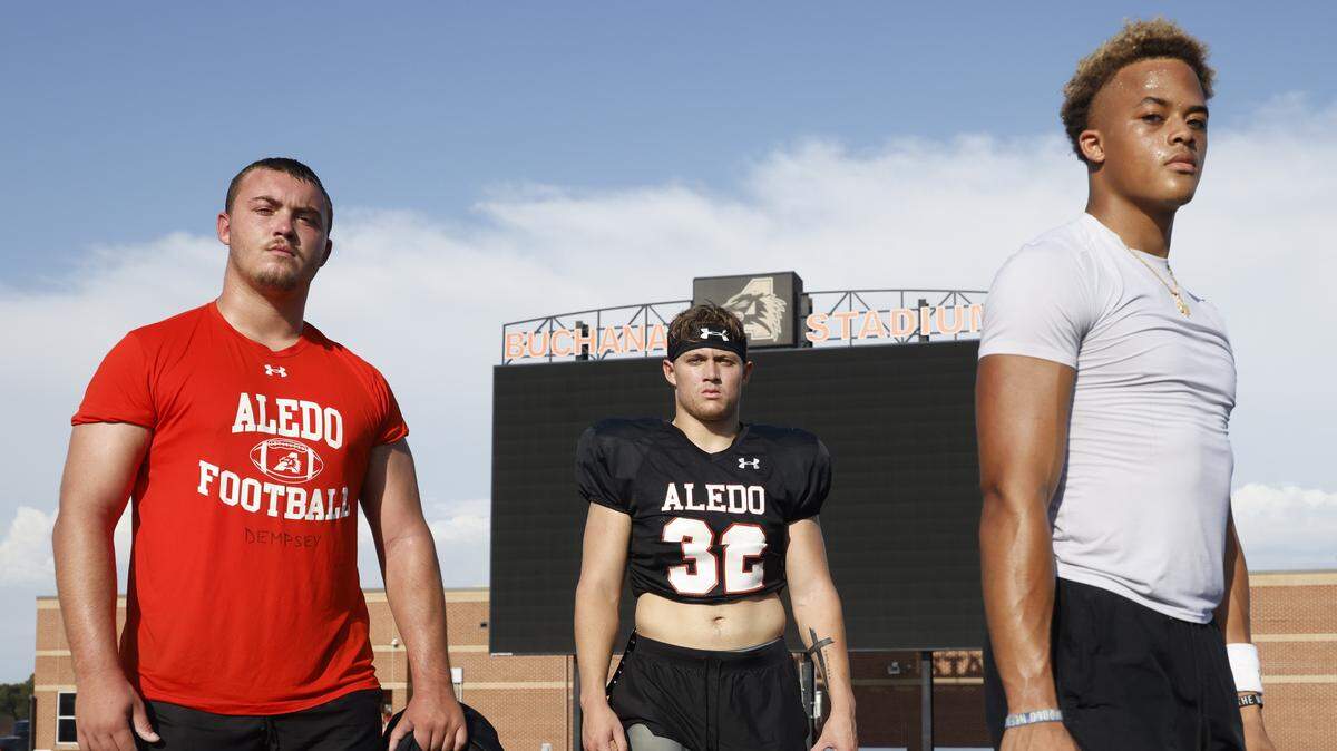 Seniors, defensive end Carson Dempsey, linebacker Chase Wilburn and wide receiver Kaydon Finley, after Aledo High School’s morning practice at Tim Buchanan Stadium in Aledo, Texas, Monday, Aug. 18, 2025.