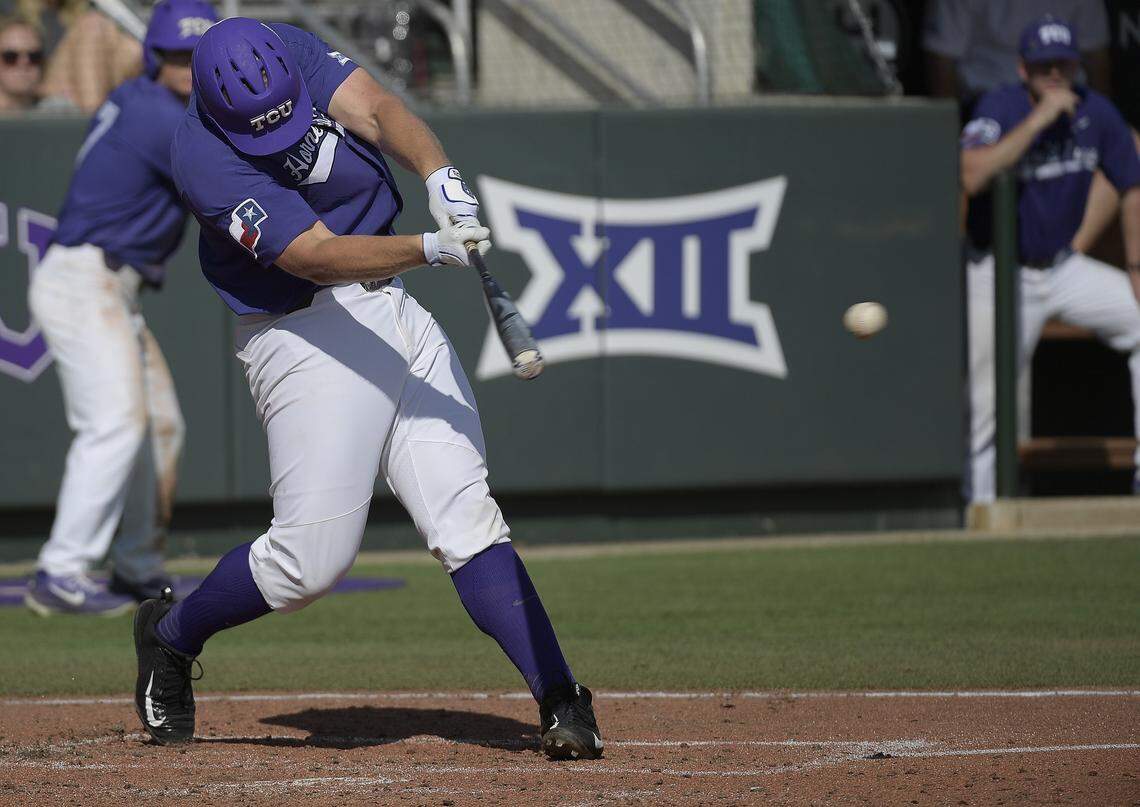 TCU’s Luken Baker drove in two runs with this single to center in the third inning Saturday against UC Irvine.
