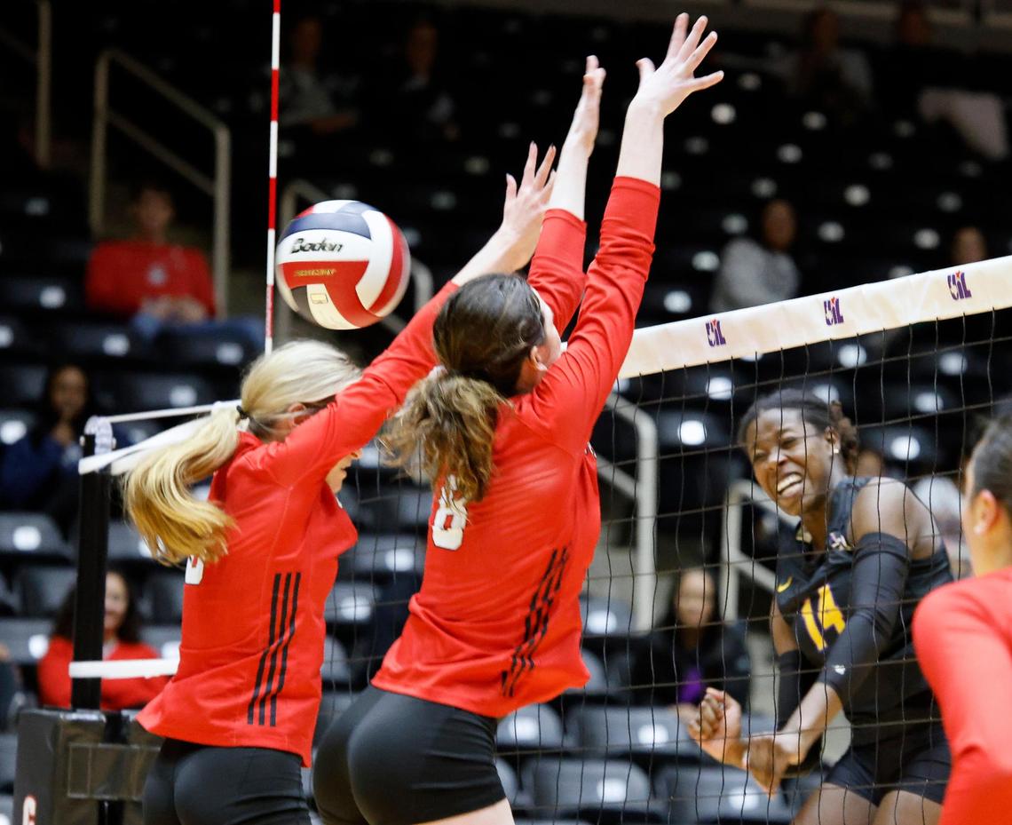 Liberty Hill’s Gigi Mason (14) slams the ball past the Heritage defense in game 2 of the best 3 of 5 games at Culwell Center in Garland, Texas, Friday, Nov. 17, 2023.