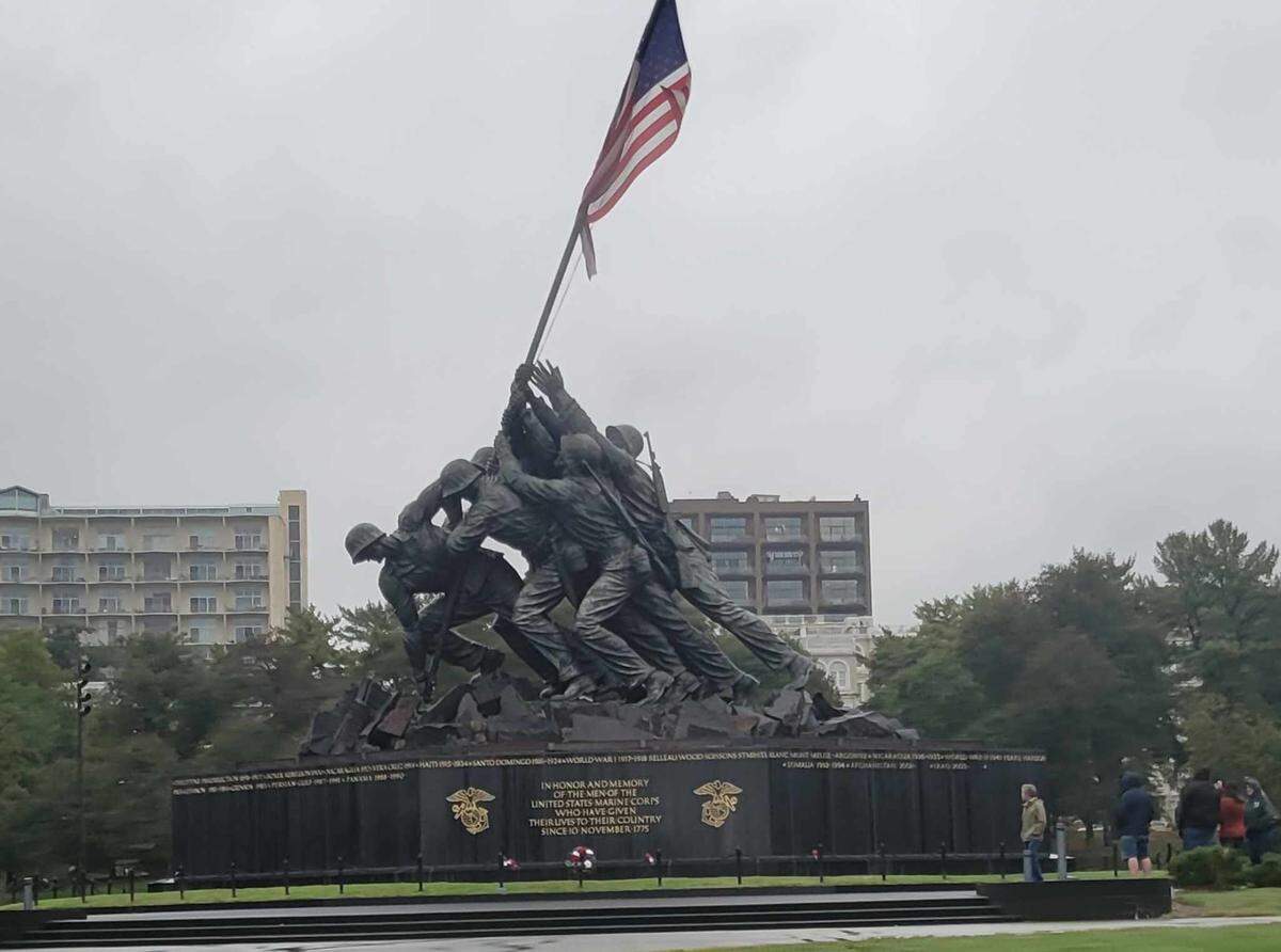 The U.S. Marines Memorial is a statue of the flag raising at Iwo Jima.