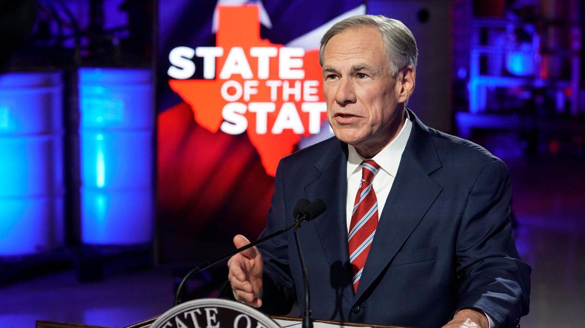 Texas Gov. Greg Abbott prepares to deliver his State of the State speech at Visionary Fiber Technologies, for the first time outside the Capitol, Monday, Feb. 1, 2021, in Lockhart, Texas. (Bob Daemmrich/Pool Photo via AP)