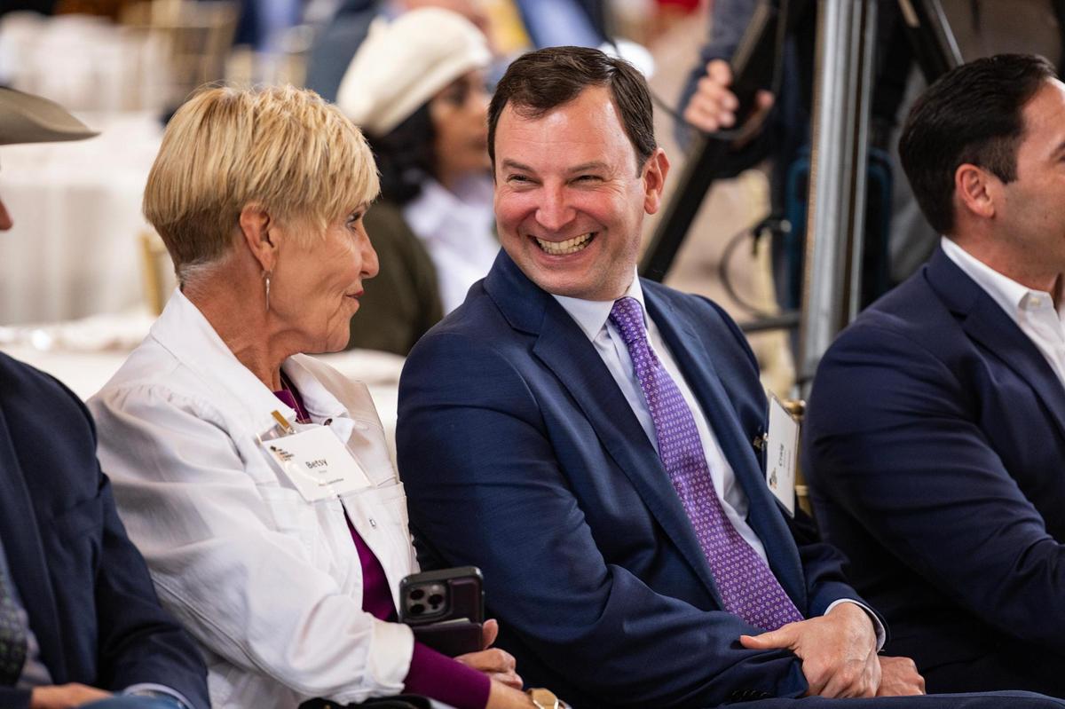 Former Fort Worth Mayor Betsy Price shares a laugh with Congressman Craig Goldman at the launch event of Fort Worth Students First at Ashton Depot in Fort Worth on Friday, April 4, 2025.