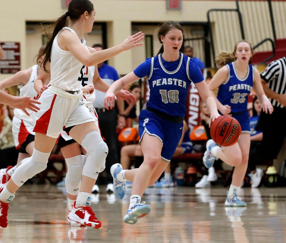 Peaster guard Brooklyn Bosher (10) drives the court during a championship game of the Whataburger Basketball Tournament at Saginaw High School in Saginaw, Texas, Thursday, Dec. 30, 2021. At the half Peaster led by eight. (Special to the Star-Telegram Bob Booth)