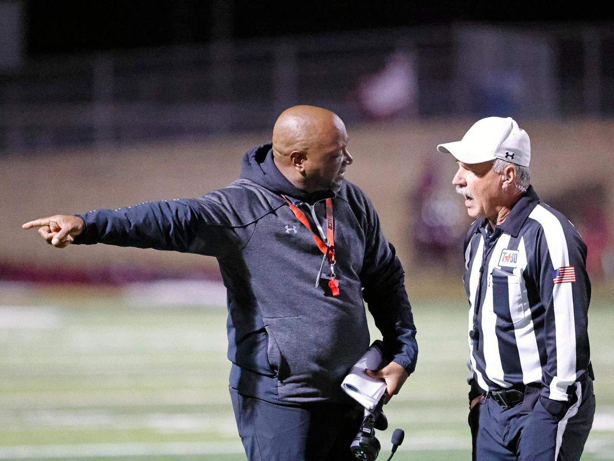Mansfield Summit head coach Channon Hall has a few words with the umpire in the first half of a UIL football game at Newsom Stadium in Mansfield, Texas, Friday, Nov. 03, 2023.