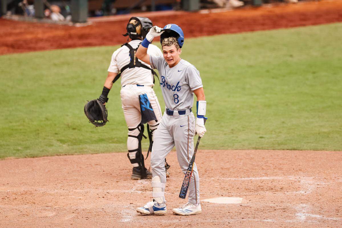 Brock shortstop Canon Lightfoot (8) reacts in disbelief after striking out looking against Robinson in the UIL Class 4A Division II baseball state championship game on Friday, June 5, 2026, at Dell Diamond in Round Rock, Texas.