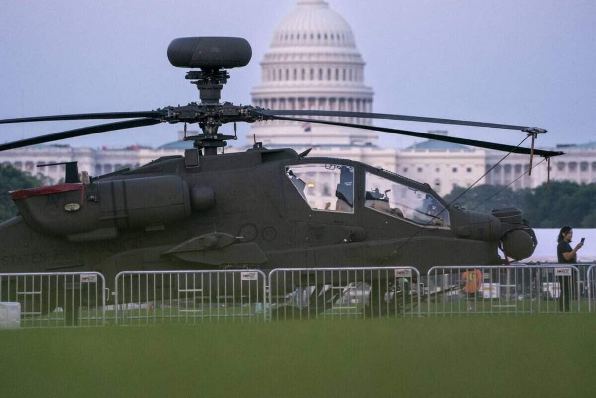 An Army helicopter is on display this week at the National Mall in Washington in preparation for the Army’s 250th anniversary celebration and parade to be held Saturday.
