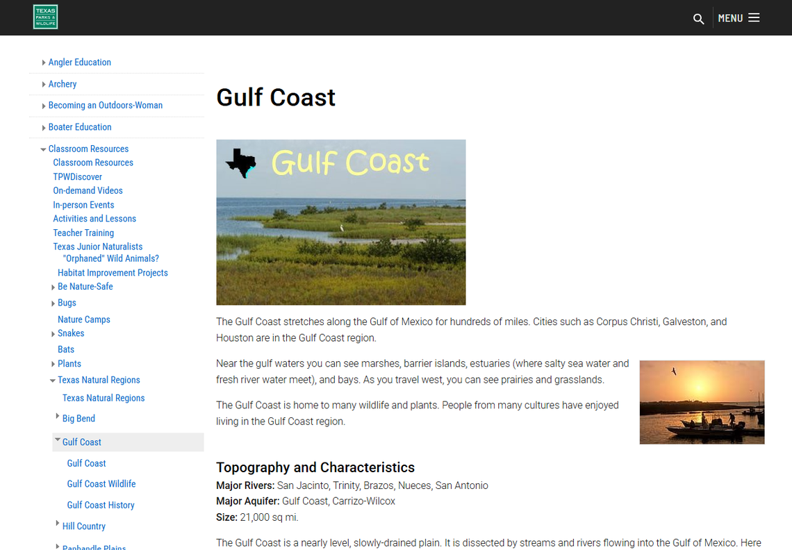 The Texas Paks and Wildlife website referencing the Gulf of Mexico. Screenshot taken Feb. 21, 2025.