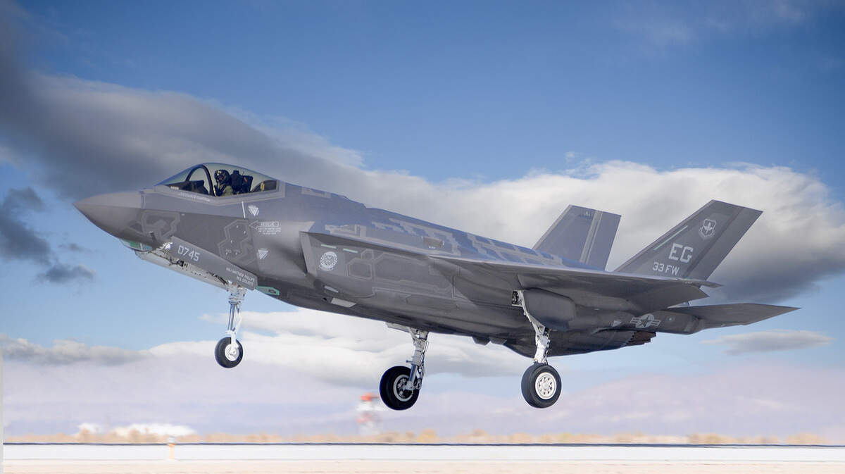 An F-35A aircraft departs for a test flight for the U.S. Air Force.