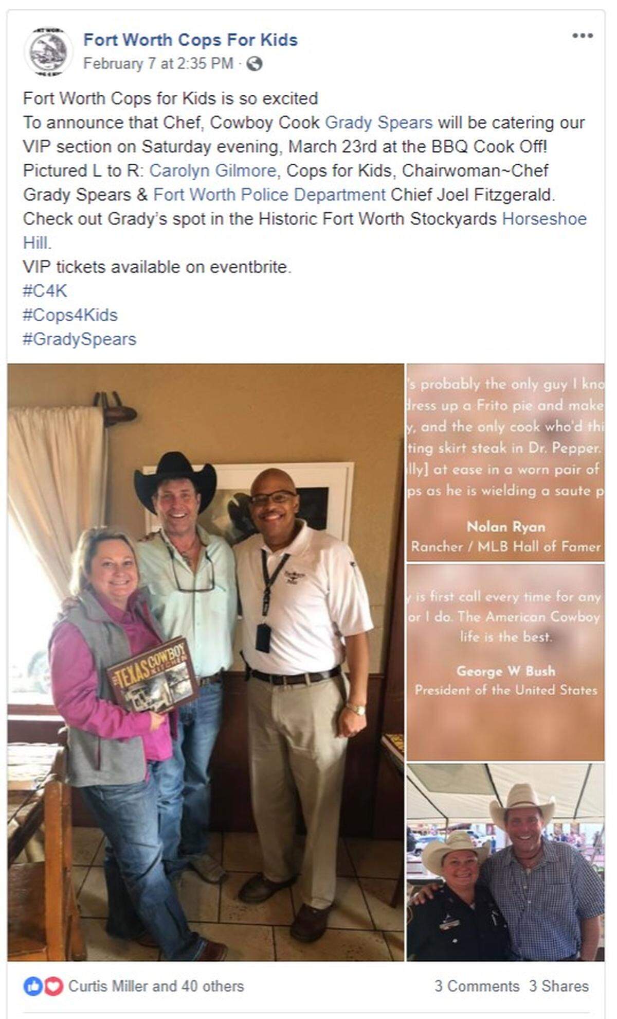 Screenshot of Facebook post announcing that Texas celebrity Chef Grady Spears would be catering an event for Fort Worth Cops for Kids, the Fort Worth Police Officers Association’s non-profit agency.