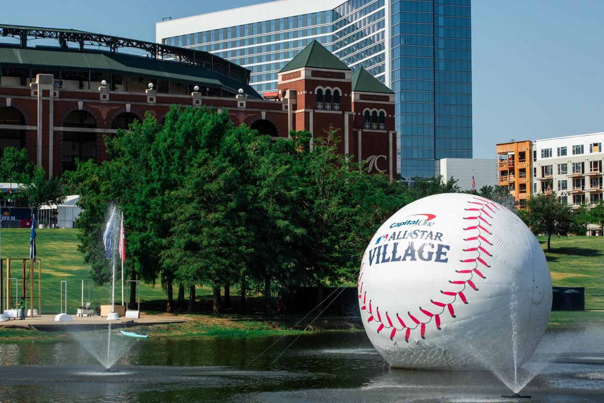 A large inflatable baseball floats on the water during the All-Star Village hard hat tour on Thursday, July 11 at the Choctaw stadium in Arlington. The media had the opportunity to see what the All-Star Village has to offer.