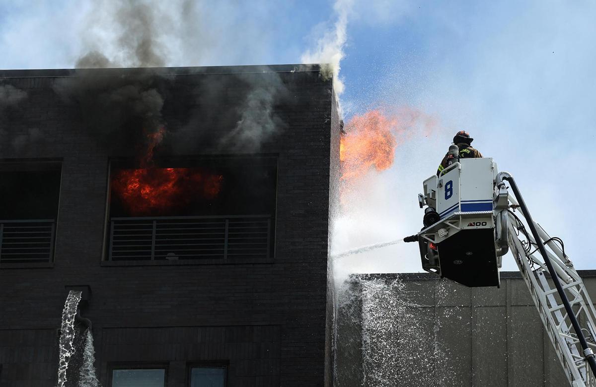 The Fort Worth Fire Department responds to a six-alarm fire at The Cooper apartment complex in the 1000 block of West Rosedale on Monday, June 23, 2025.