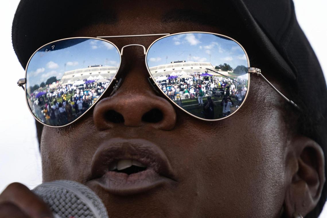 Fort Worth City Councilwoman Mia Hall of District 6 speaks to the crowd gathered following the Opal Lee Walk for Freedom at Farrington Field in Fort Worth on Thursday, June 19, 2025.