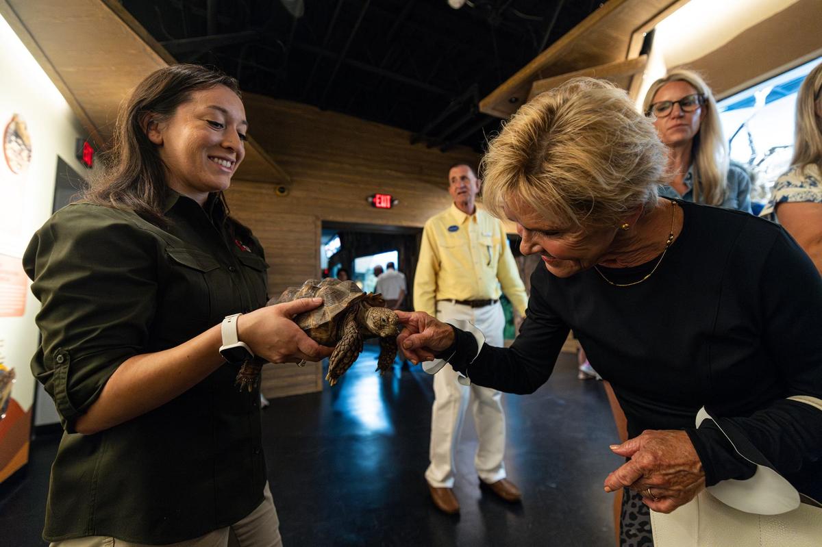 Olivia Gotham, an outreach specialist, holds Red the Texas Tortoise, as Debbie Head scratches his neck during a media event for the grand reopening of the reimagined Mountains & Desert exhibit in the Fort Worth Zoo on Thursday.