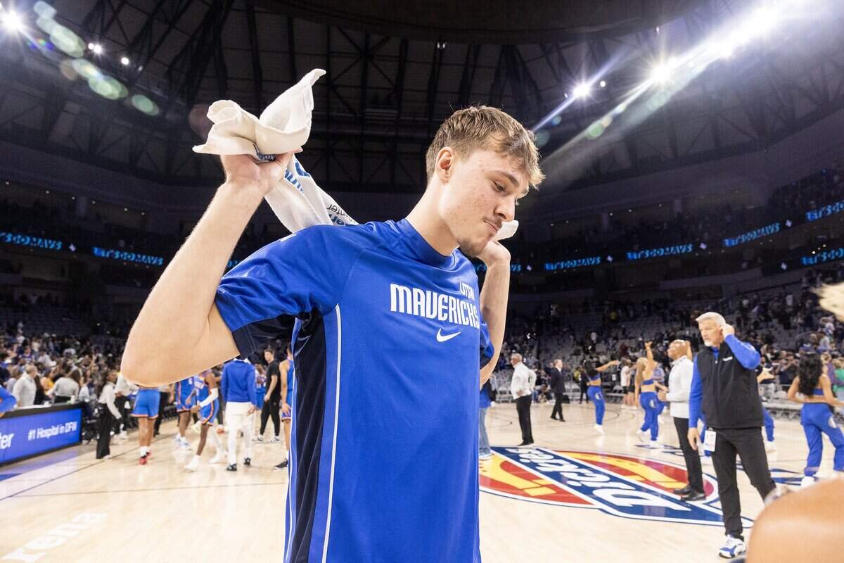 Mavericks forward Cooper Flagg (32) is interviewed following the second half of a preseason NBA game between the Dallas Mavericks and Oklahoma City Thunder at Dickies Arena in Fort Worth on Monday, Oct. 6, 2025.
