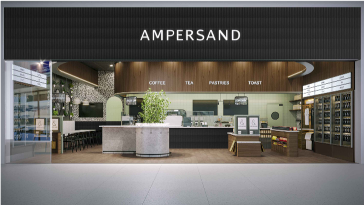 Rendering of Ampersand’s DFW Terminal C location. An open, self serving concept that is easy for guests to get on the go. Decorated with murals and odes to Fort Worth.