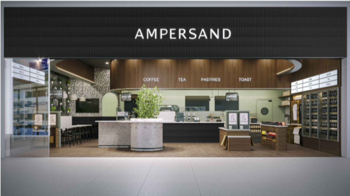 Rendering of what the Ampersand coffee shop inside DFW Airport Terminal C will look like. The design is an open, self-service concept that is easy for guests on-the-go.