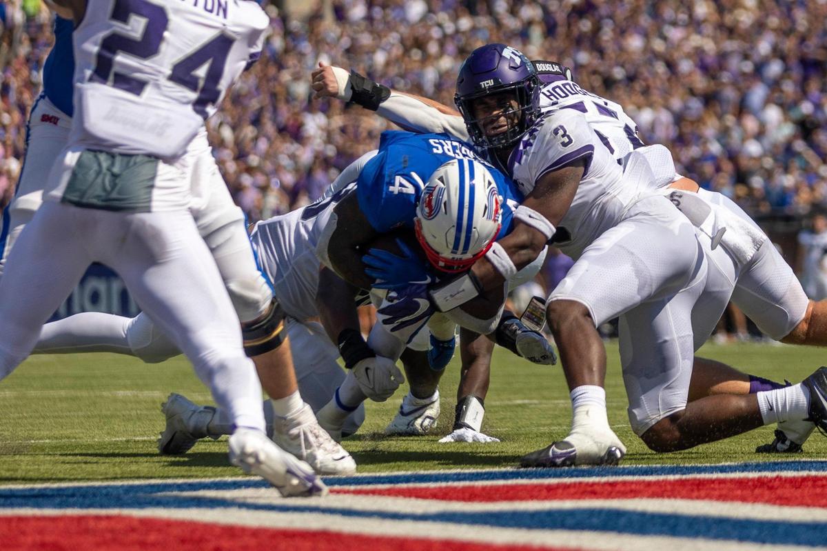 TCU defense can’t stop SMU running back Tre Siggers from scoring a touchdown on Saturday, Sept. 24, 2022, at the Gerald Ford Stadium in the Southern Methodist University in Dallas, Texas.