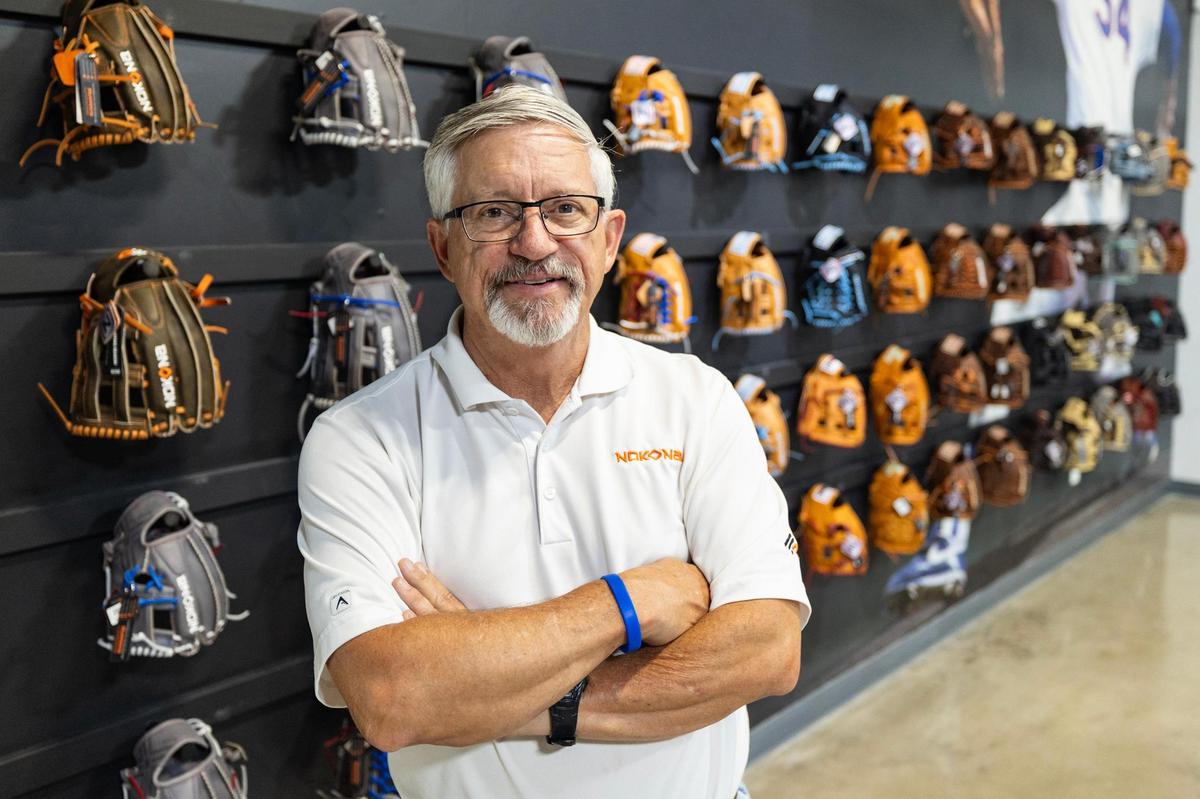 Nokona co-owner Rob Storey, the great-grandson of the company’s founder, is photographed in the front of the store at Nokona headquarters in Nocona.