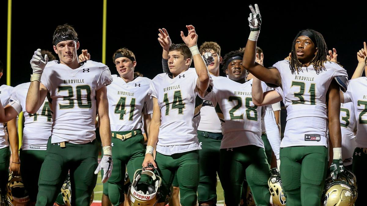 The Birdville Hawks celebrate after beating Grapevine, 24-20, Friday night, October 5, 2018 played at Buddy Echols Field in Coppell, TX.
