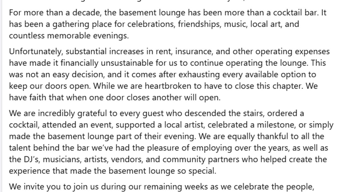 The Basement Lounge in Fort Worth announced their closure in a social media post.