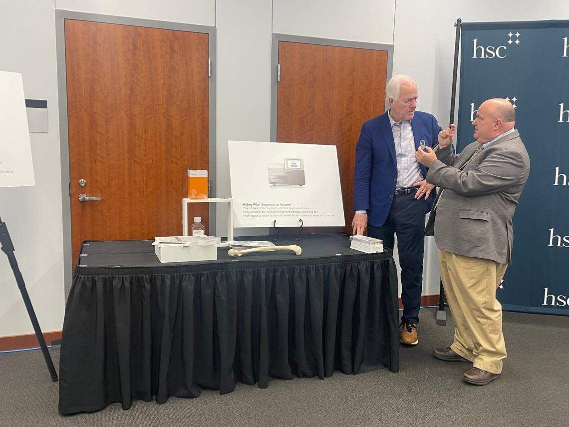 Michael Coble, executive director at the Center for Human Identification at UNT’s Health Science Center, discussed new advancements made in DNA analysis technology at Sen. John Cornyn’s announcement of the Carla Walker Act in Fort Worth on Friday, Oct. 13, 2023.