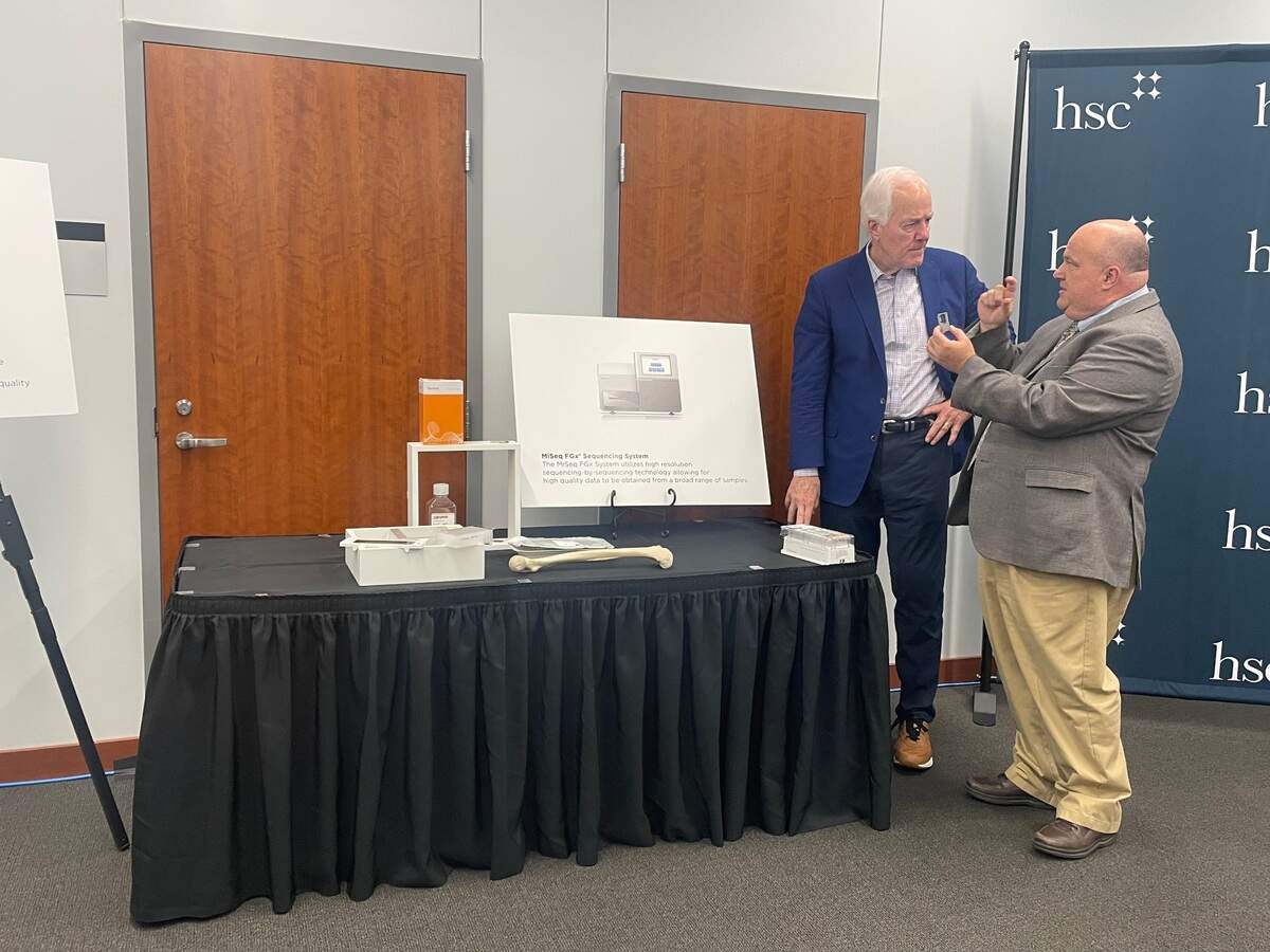 Michael Coble, executive director at the Center for Human Identification at UNT’s Health Science Center, discussed new advancements made in DNA analysis technology at Sen. John Cornyn’s announcement of the Carla Walker Act in Fort Worth on Friday, Oct. 13, 2023.