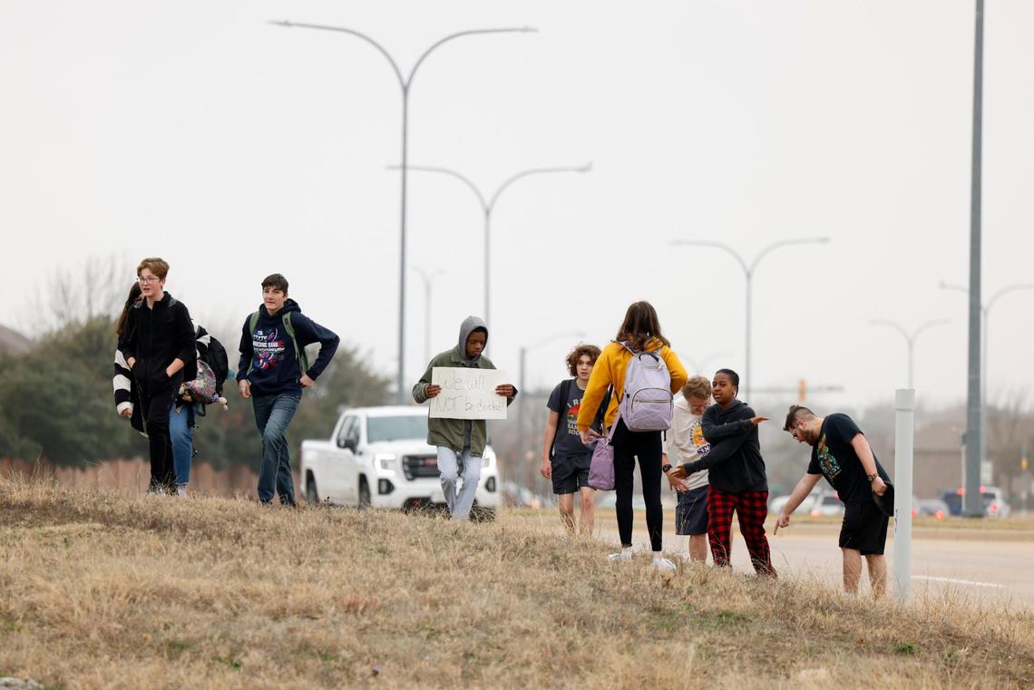 Timber Creek High students gather with other Keller ISD students after walking out of school on Friday, Feb. 7, to protest the proposed split of the school district.