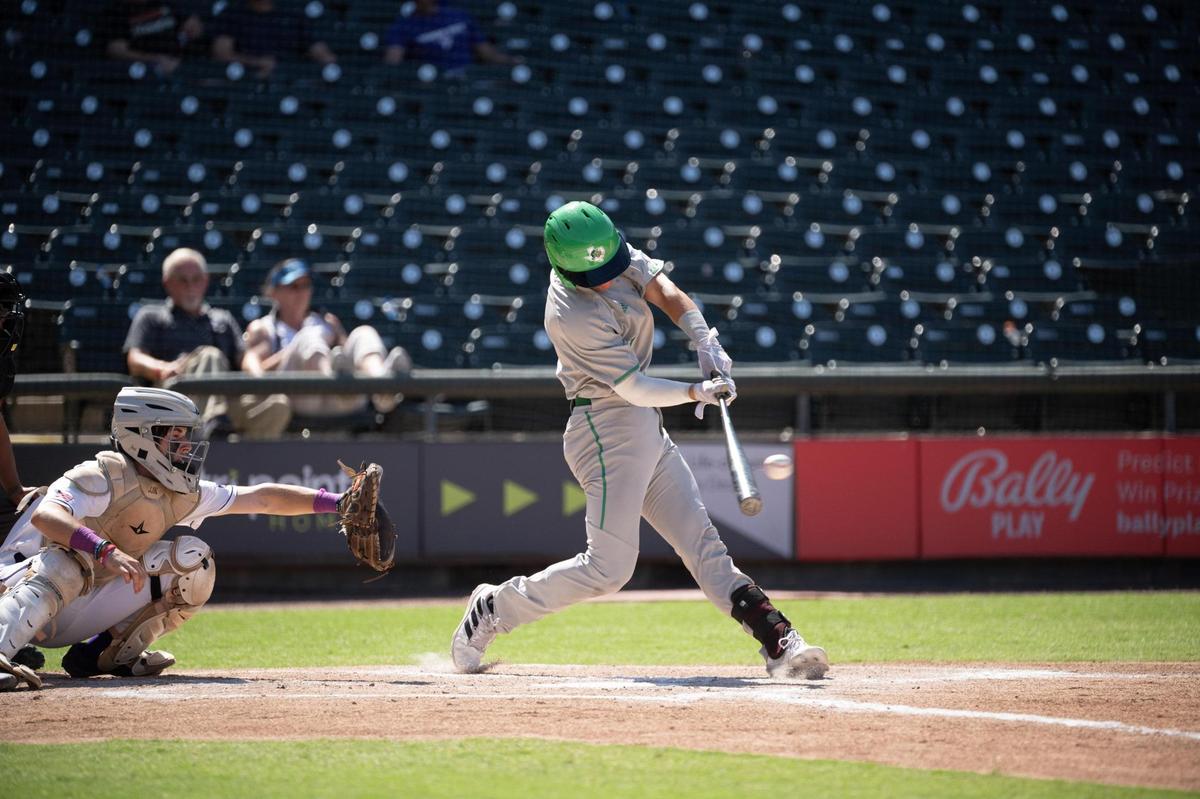 Ethan Mendoza (1) drives the ball for a hit during the UIL 6A baseball state semifinal between Southlake Carroll and Fort Bend Ridge Point at Dell Diamond in Round Rock on June 10, 2022.