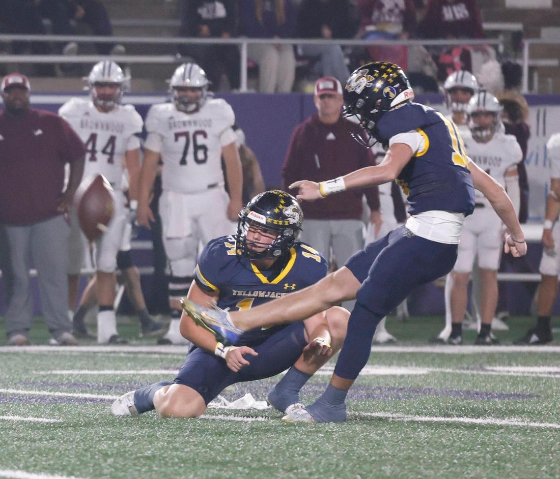 Stephenville kicker Cade Whitehead (10) puts the first points on the board during a UIL District 4-4A D1 football game at Tarleton State Memorial Stadium in Stephenville, Texas, Friday, Nov. 01, 2024.