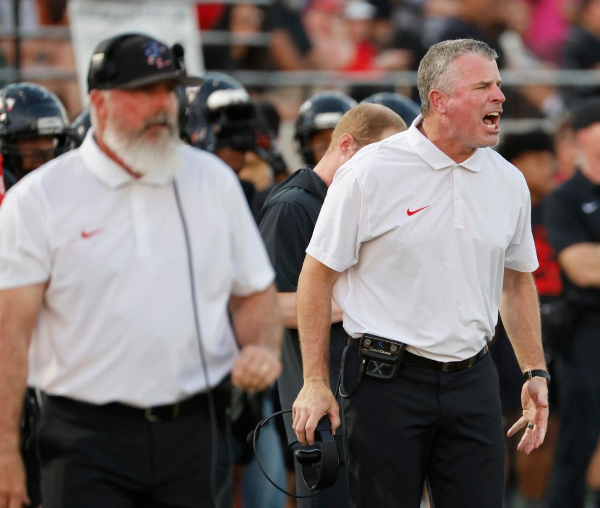 Trinity head coach Aaron Lineweaver reacts to play and a call during a UIL 6A Conference football game at Pennington Field in Bedford Texas, Friday, Sept. 20, 2024.