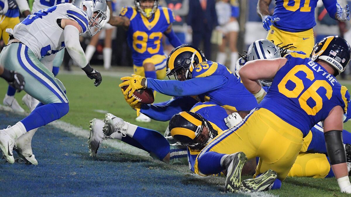Los Angeles Rams running back C.J. Anderson (35) scores a second quarter touchdown in front of Dallas Cowboys strong safety Jeff Heath (38) as the Cowboys play the Rams in NFL Divisional Round at Los Angeles Memorial Coliseum in Los Angeles, CA, Saturday, Jan. 12, 2019.