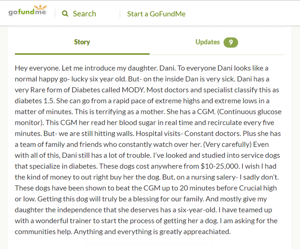 Ellen “Elle” Rupp-Jones started a GoFundMe page to raise money for a diabetic alert dog for her daughter.