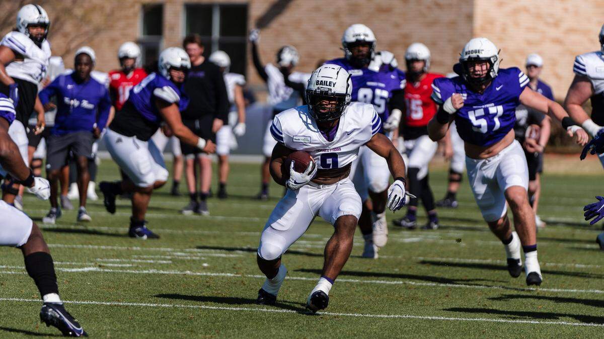TCU running back Emani Bailey (9) made a positive impression this spring. He joined the Frogs as a transfer from Louisiana.