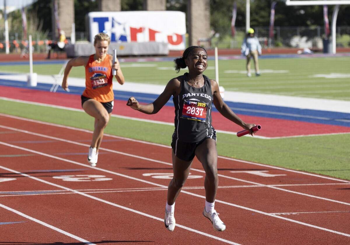 Pantego Christian’s Neriah Williams crosses the finish line at the TAPPS State Track Meet on Saturday, May 3, 2025 at Waco Midway’s Panther Stadium in Hewitt, Texas.