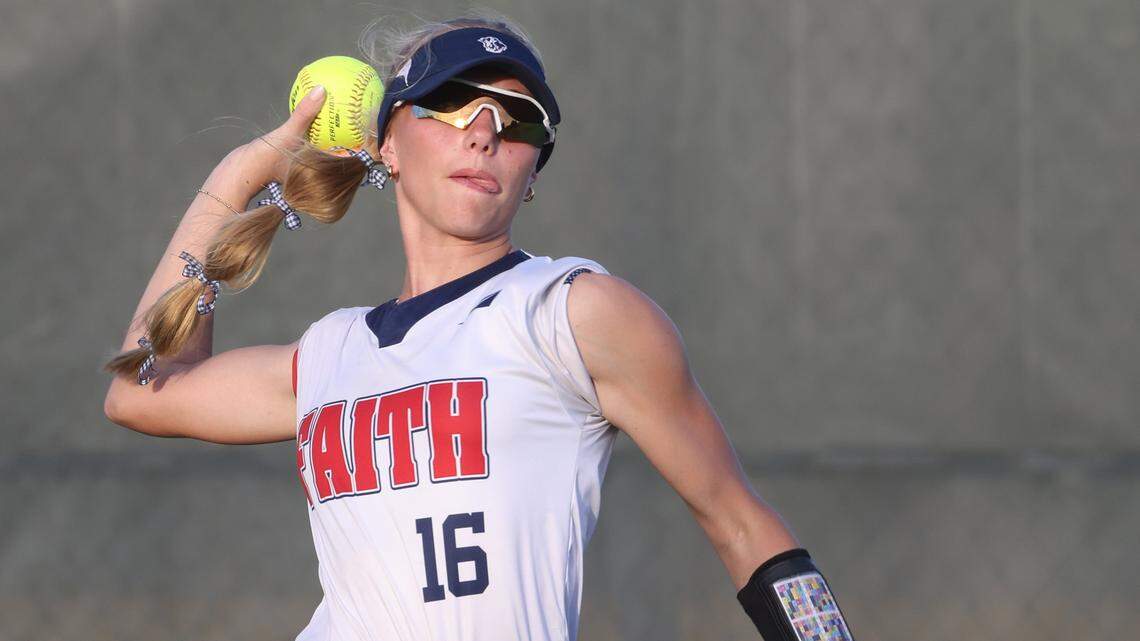 Grapevine Faith center fielder tosses one in from the left field during a softball game at Oak Grove Park in Grapevine, Tx. Tuesday, March 31, 2026