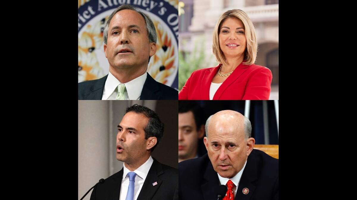 Republican candidates for attorney general, clockwise from upper left: incumbent Ken Paxton, former Texas Supreme Court Justice Eva Guzman, U.S. Rep. Louie Gohmert and Land Commissioner George P. Bush.