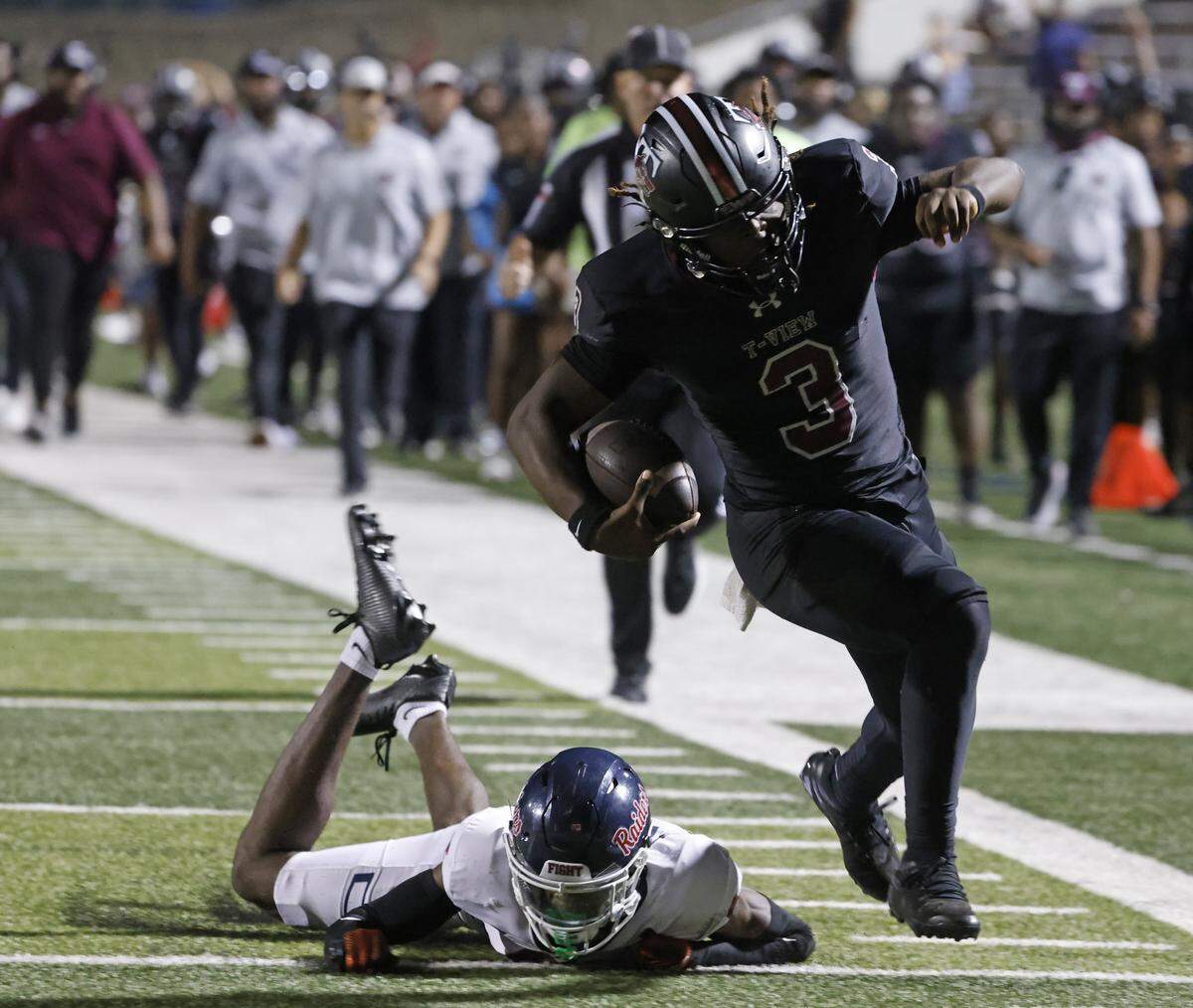Timberview quarterback Mylez Davis (3) almost made it to the end zone but ran out of bounds during the second half of a UIL football game at Vernon Newsom Stadium in Mansfield, Texas, Thursday, Sept. 04, 2025.