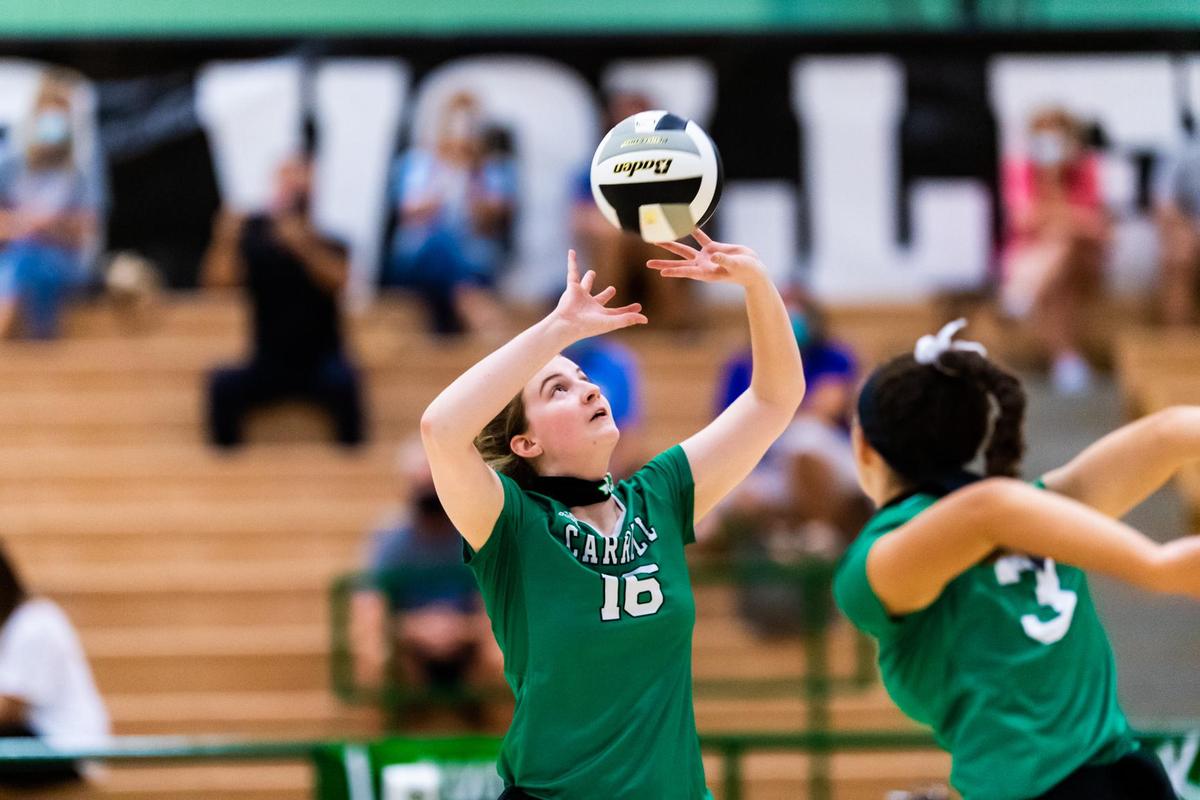 Jessica Dunn (16) sets the ball for Laura Brambilla (3) during Southlake’s season opener against 2019 6A State Finalist Plano West, at Carroll Sr. High School on September 15th, 2020. (Photo by Matt Smith. Special to the Star-Telegram).