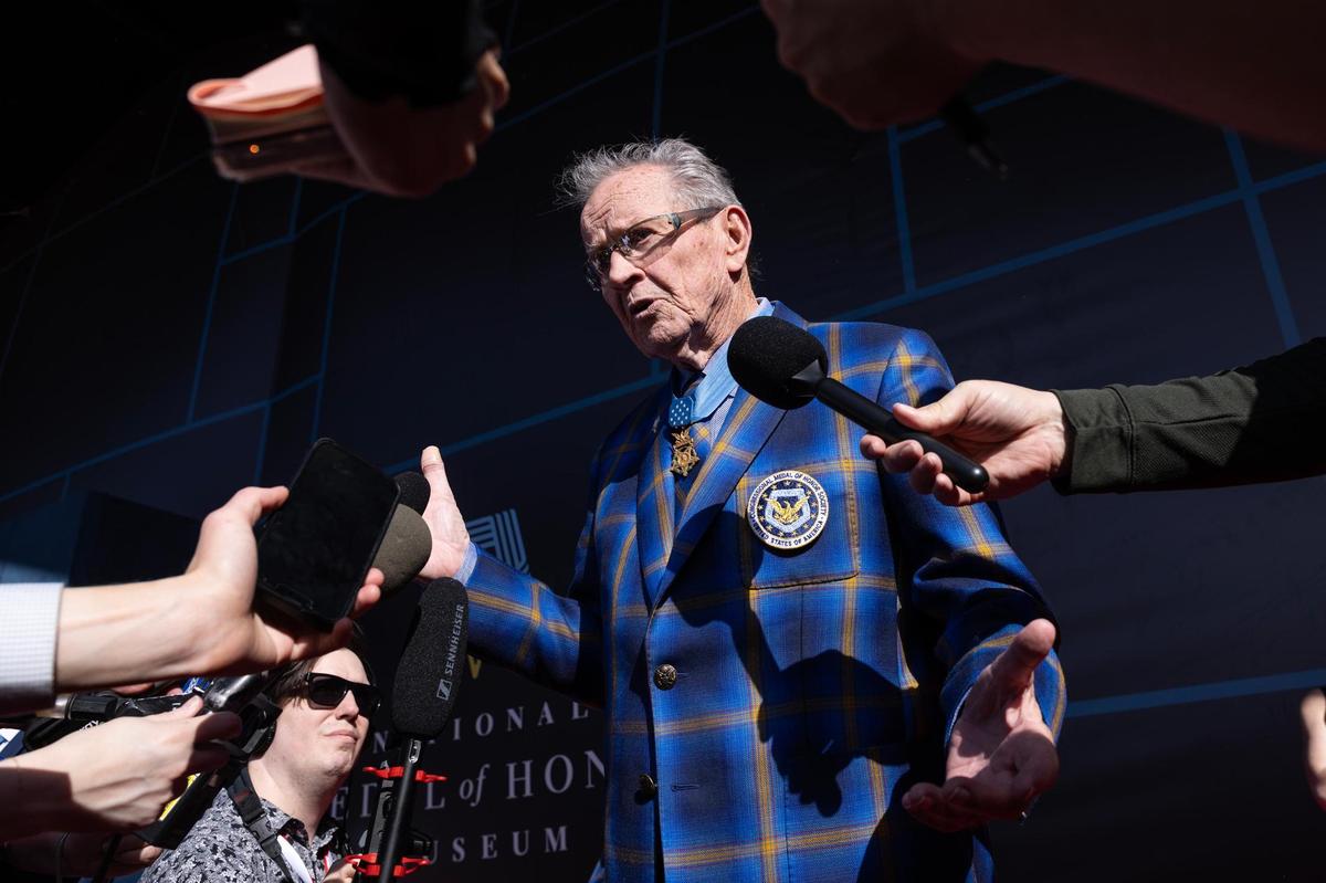 Pat Brady, a retired United States Army major general and Medal of Honor recipient, speaks to the media on the red carpet for the National Medal of Honor Museum Grand Opening Celebration in the Arlington Entertainment District on Saturday, March 22, 2025.