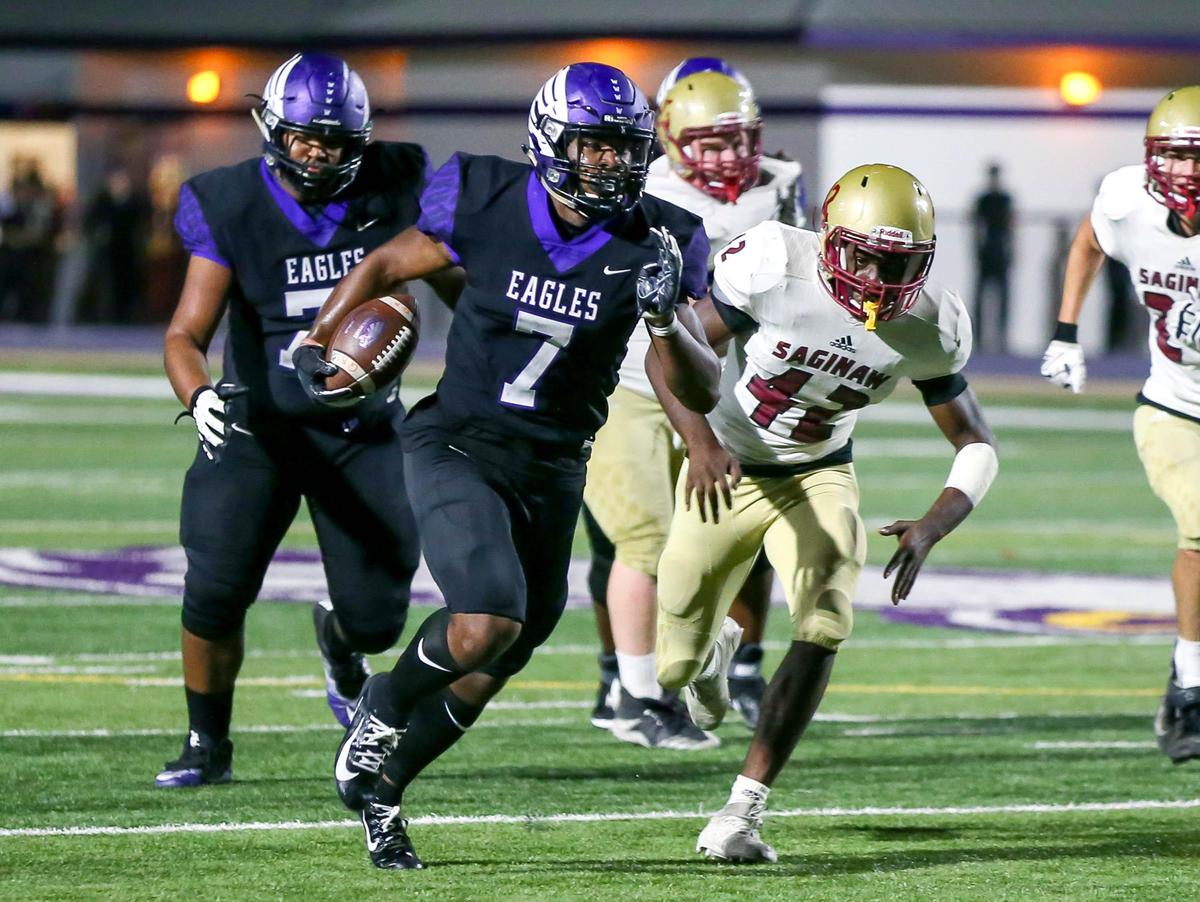 Crowley running back Dominique Johnson (7) scores 5 touchdowns against Saginaw, Friday night, September 27, 2019 played at Eagle Stadium in Crowley, TX.