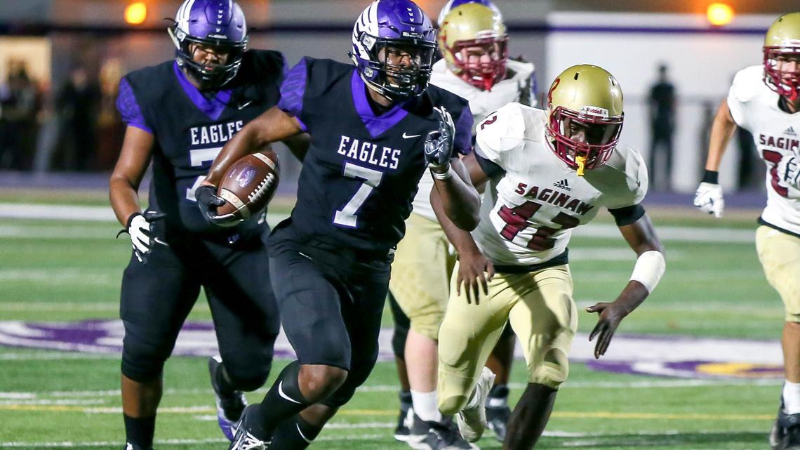 Crowley running back Dominique Johnson (7) scores 5 touchdowns against Saginaw, Friday night, September 27, 2019 played at Eagle Stadium in Crowley, TX.