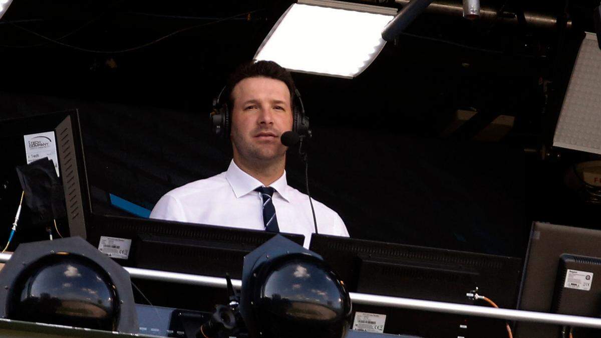 Tony Romo in the broadcast booth during the first half of an NFL football game from 2017.
