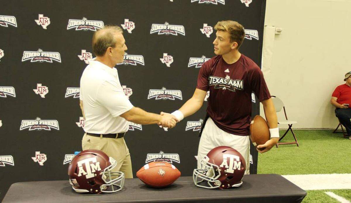 Texas A&M coach Jimbo Fisher and 4-star QB Ken Seals.