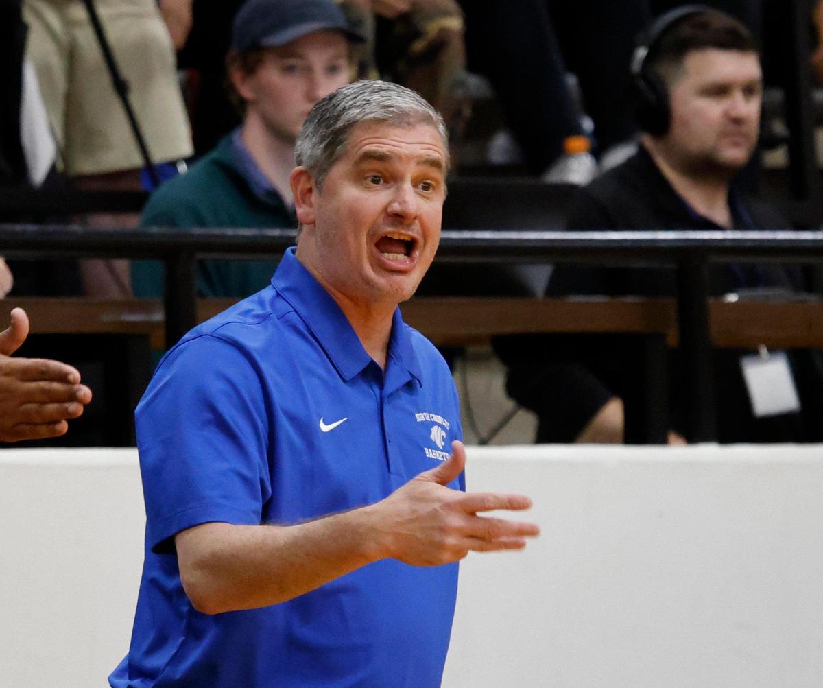 North Crowley head coach Tommy Brakel reacts to a call during the first half of the UIL 6A Region I Bi-District playoff game at Martin High School in Arlington, Texas, Monday, Feb. 17, 2025.