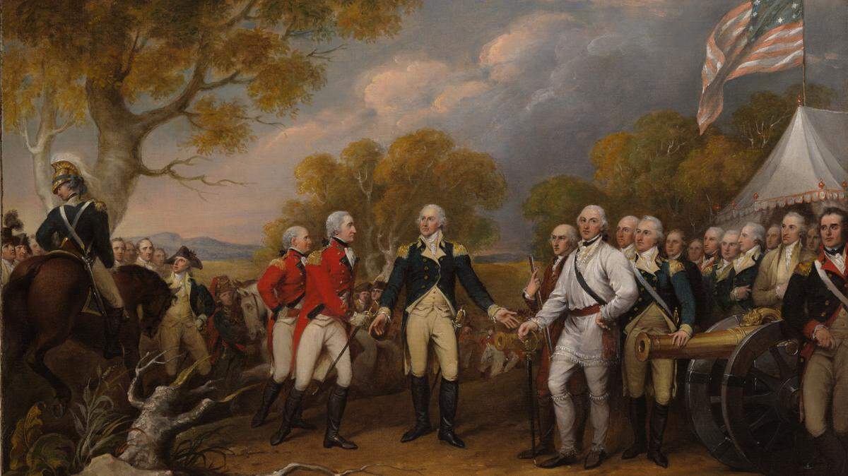 The Surrender of General Burgoyne at Saratoga, October 16, 1777. By John Trumbull, ca. 1822-1832. British Lieutenant General John Burgoyne hands his sword in surrender to American Major General Horatio Gates, at center.