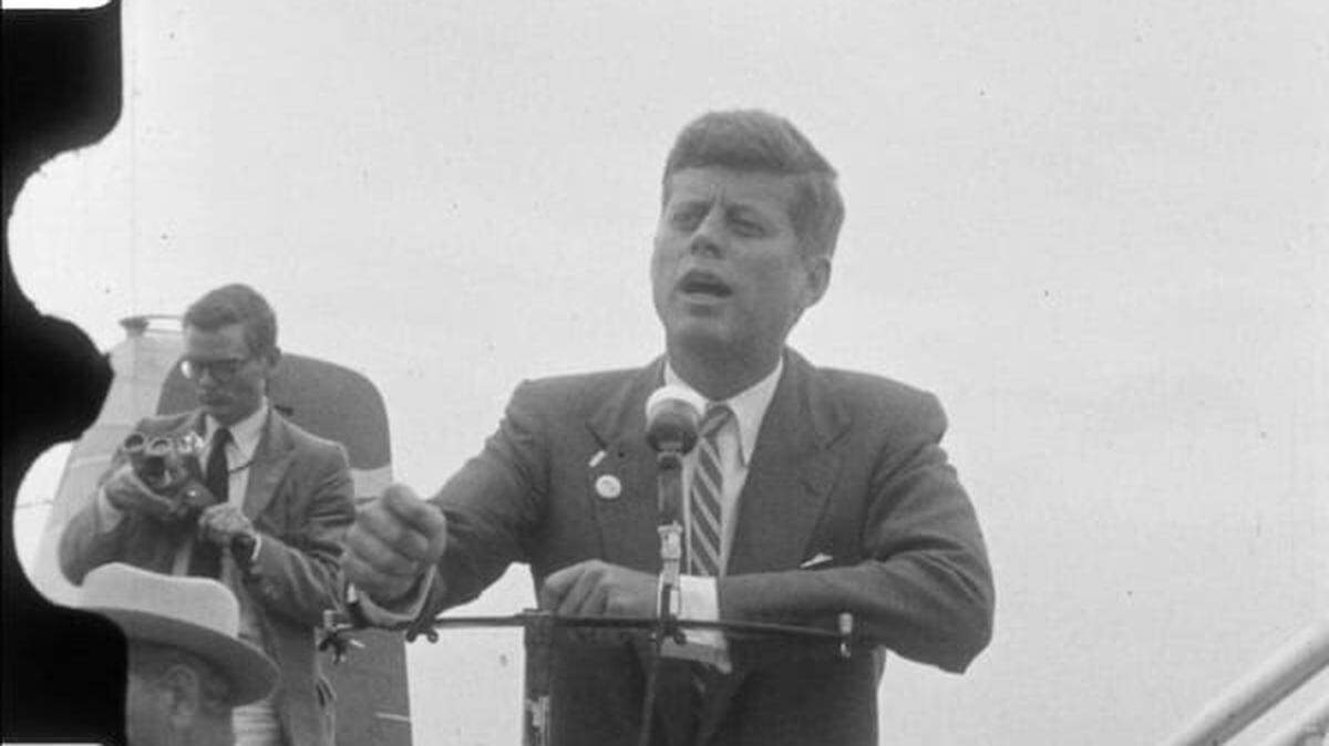Film still of John F. Kennedy October 25, 1956, on a campaign stop in Dallas.