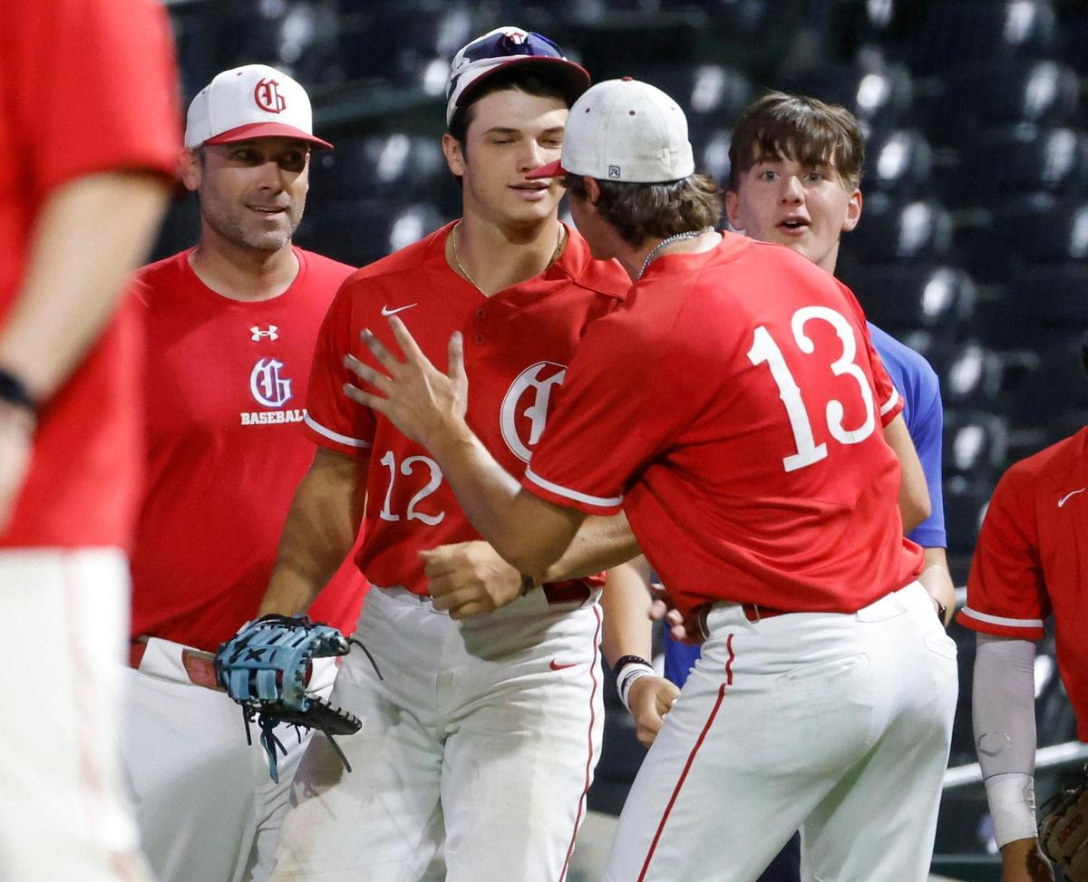 Team mates celebrate with Grapevine first baseman Jarett Boswell (12) after he made a foul ball catch and fell into the stands, however the play did not stand, during a UIL 5A D2 semifinal baseball game at Riders Park in Frisco, Texas, Friday, May 30, 2025.
