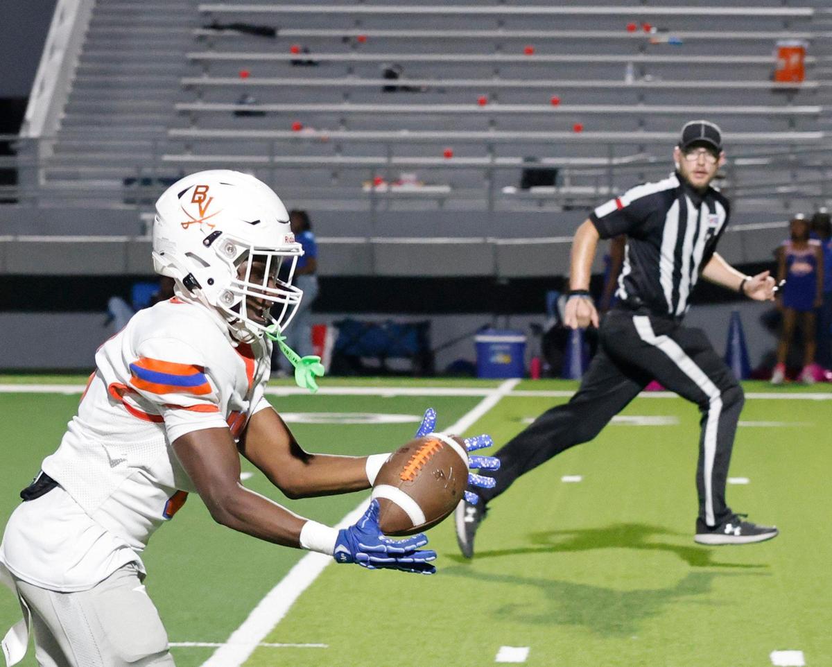 Bowie wide receiver Antonio Birdow (3) makes the catch at the 20 and takes it in for a score during a District 8-6A football game at Birdville Fine Arts/Activity Complex in North Richland Hills, Texas, Friday, Oct. 25, 2024.