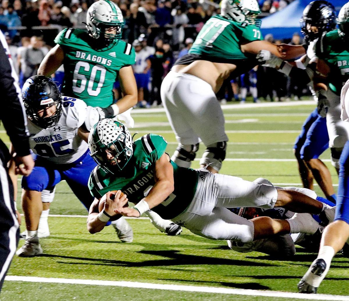 Southlake Carroll running back Owen Allen (2) is short of the goal line but scored on the ensuing play in the first half of a District 4-6A football game at Dragon Stadium in Southlake, Texas, Friday, Oct. 28, 2022. Carroll led Byron Nelson 21-13 at the half. (Special to the Star-Telegram Bob Booth)